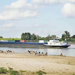Binnenvaartschip dat door laag water was gestrand op de Rijn vaart weer