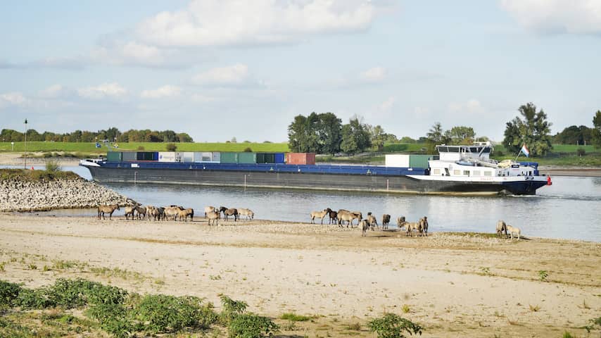 Binnenvaartschip dat door laag water was gestrand op de Rijn vaart weer