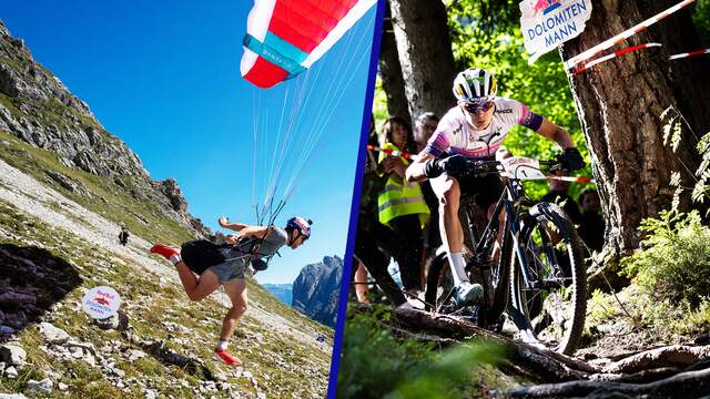 Atleten ploeteren door bergen bij extreme estafetterace met vier sporten