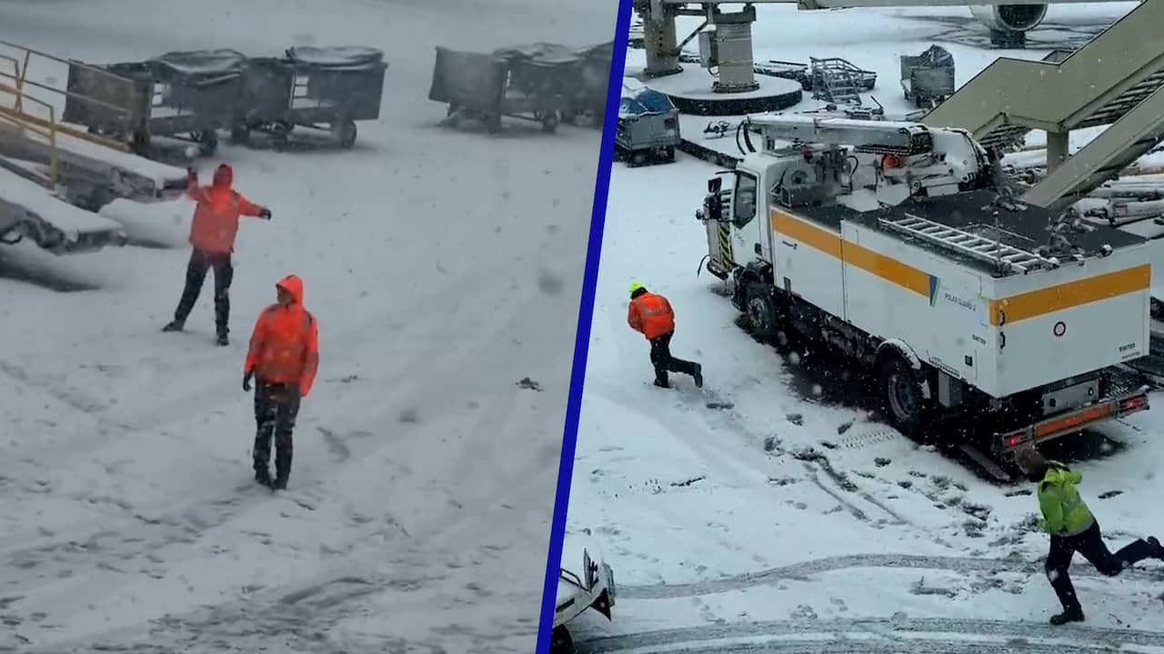 Video | Medewerkers op Schiphol bekogelen elkaar met sneeuwballen