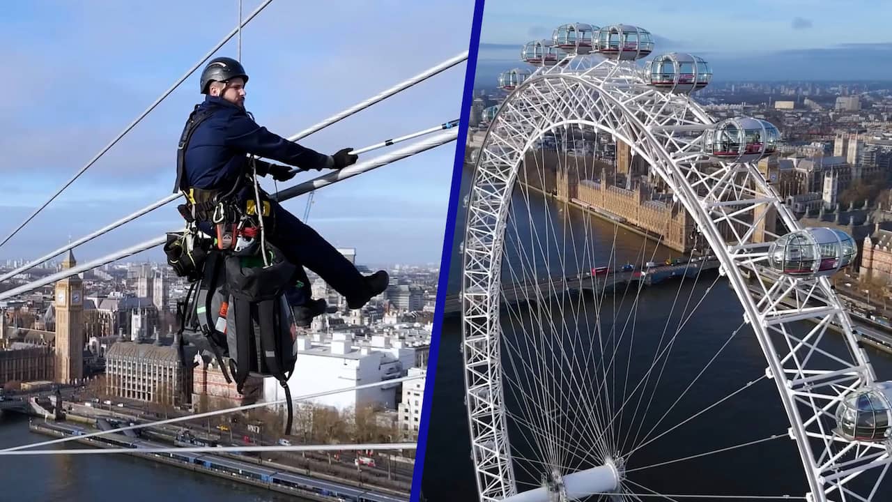 Schilders geven 135 meter hoog London Eye abseilend nieuw likje verf
