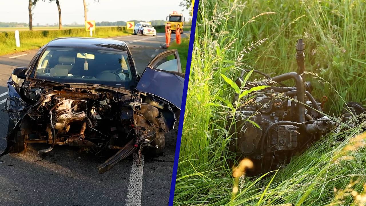 Video | Motorblok uit auto geslingerd na zwaar ongeval bij Emmeloord