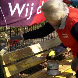 Video | Prinses Beatrix verft bank geel en plant bloembollen in Utrecht
