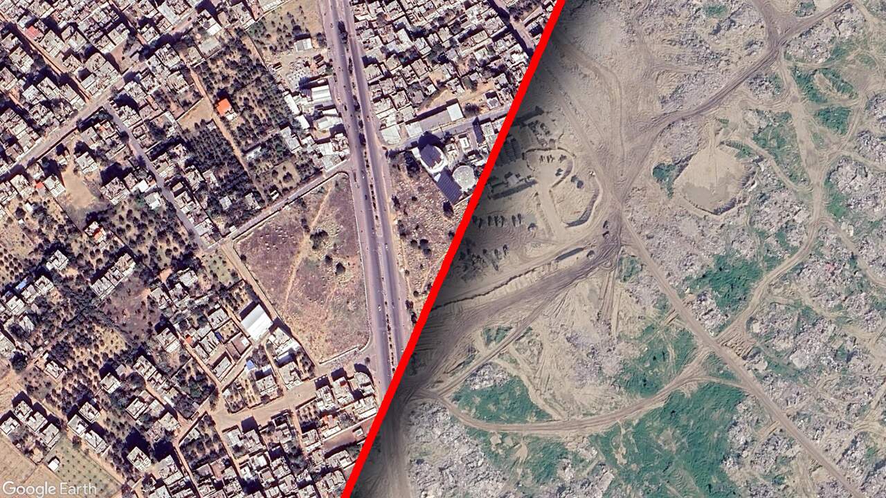 Foto bij Nieuwe satellietbeelden laten grote verwoesting van drie jaar oorlog in Gaza zien