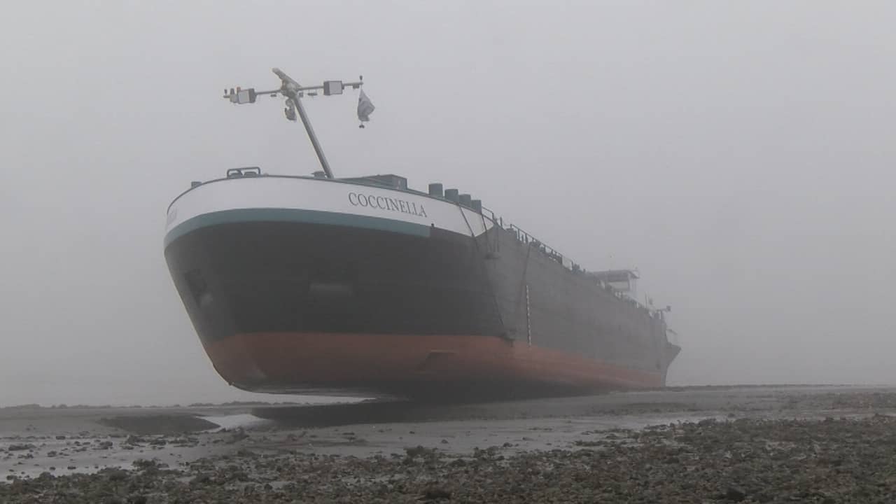 Video | In mist gehuld schip loopt zich vast op het droge bij Terneuzen