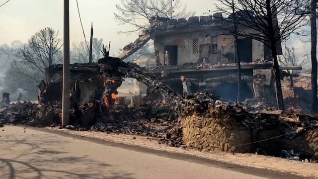 Verkoolde huizen na dodelijke natuurbrand in Griekenland