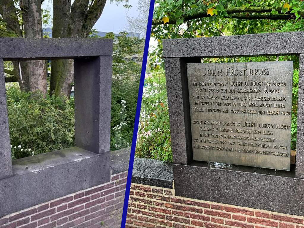 Eind april verdween het originele bronzen plaquette bij de John Frostbrug.