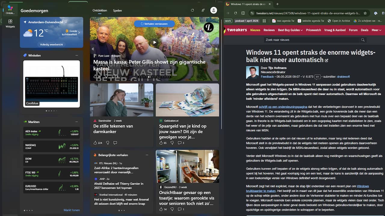 Windows 11 maakt widgets-balk minder opdringerig