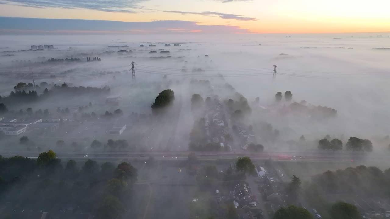 Video | Drone filmt deken van mist tijdens zonsopgang in Maasdam